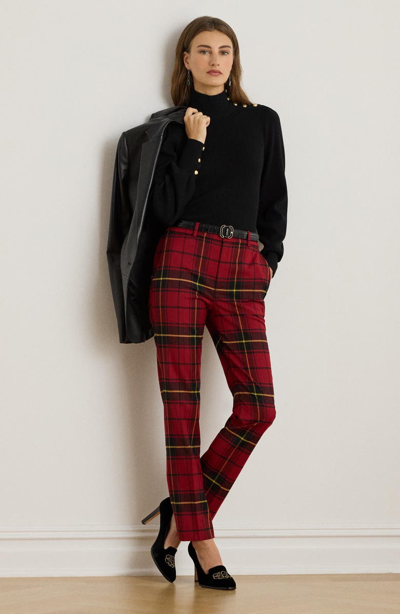 Lauren Ralph Lauren Plaid Stretch Wool Blend Ankle Straight Leg Pants, Alternate, color, Red/ Black/ Yellow Multi