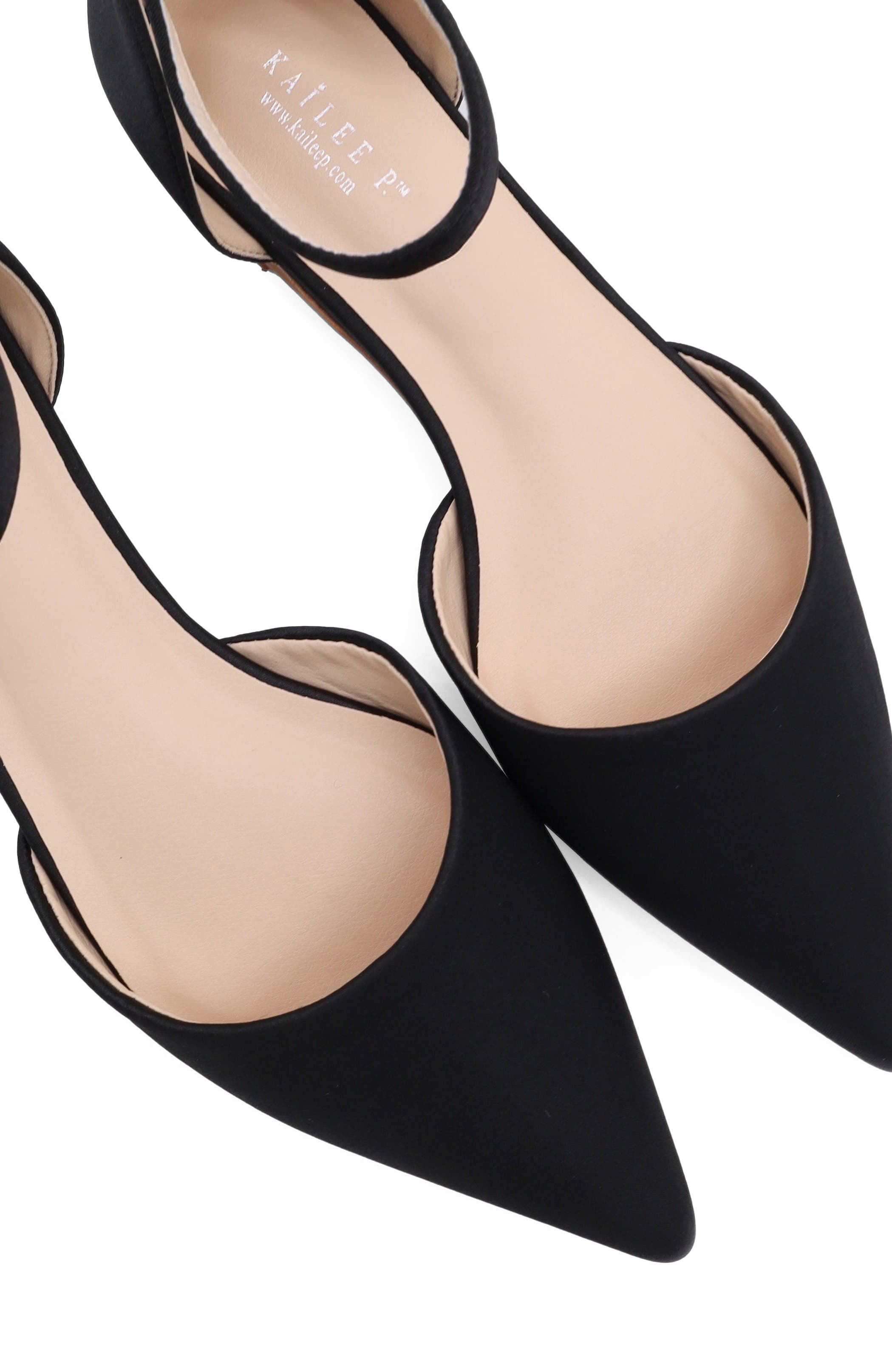 Kailee P Bella Satin Pointy Toe Flats with Ankle Strap, Alternate, color, Black