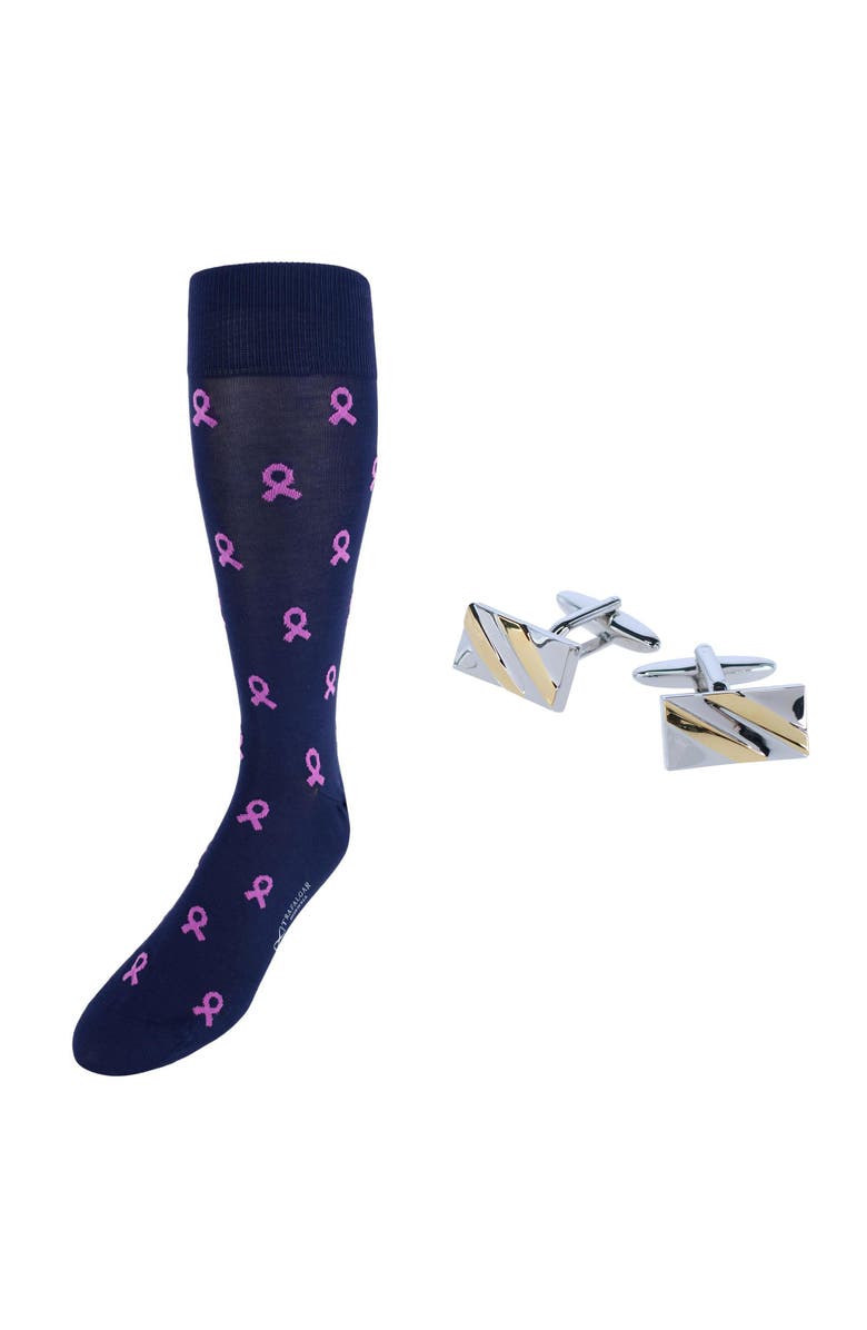 Trafalgar Rhodium and Gold Cufflinks and Mid-Calf Awareness Socks, Main, color, Silver