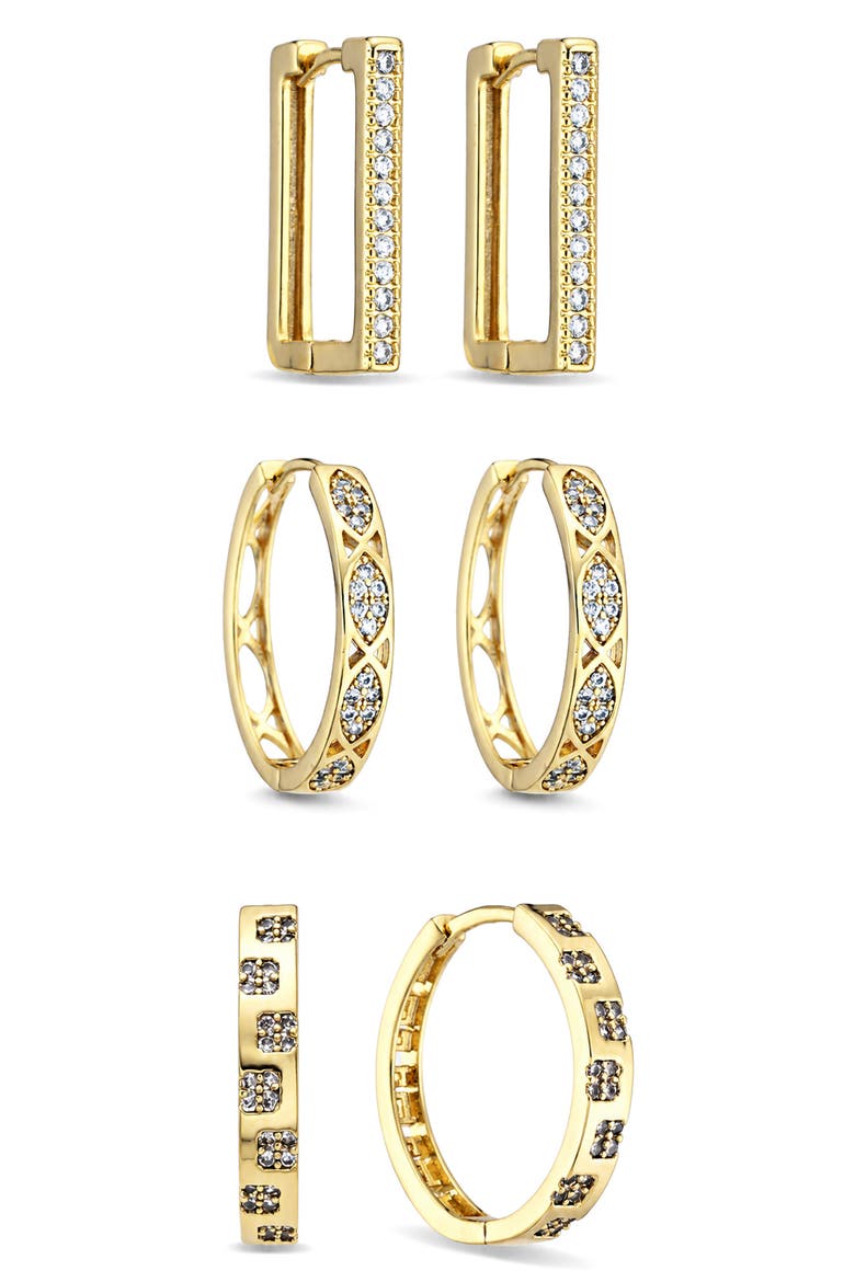 Elowyn Set of 3 Cubic Zirconia Hoop Earrings, Main, color, GOLD