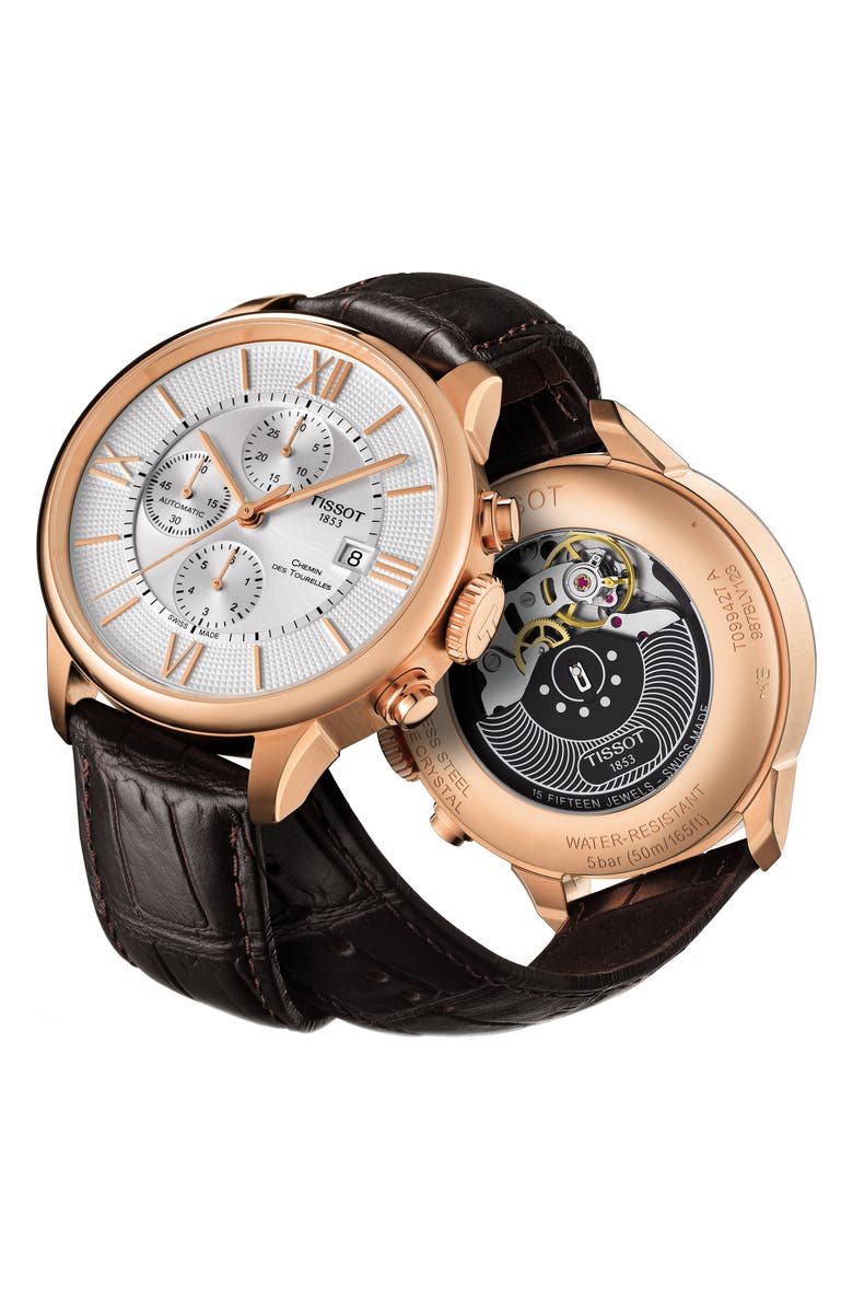 Tissot Chemin Des Tourelles Automatic Chronograph Leather Strap Watch, 44mm, Alternate, color, 