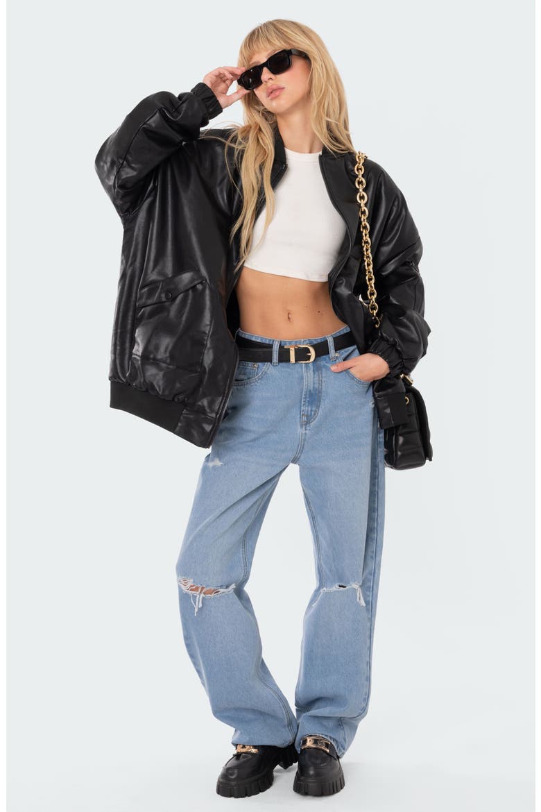 Oversize Faux Leather Bomber Jacket, Alternate, color, BLACK