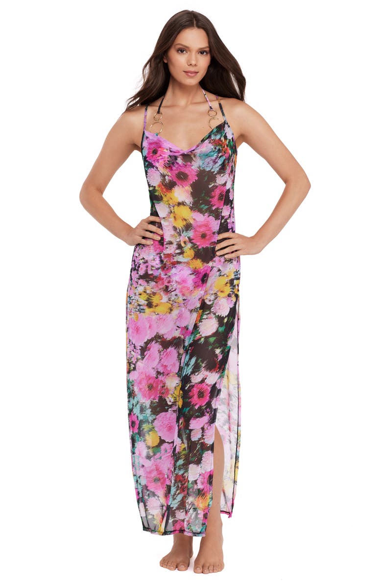 Steve Madden Cowl Neck Semisheer Mesh Cover-Up Maxi Dress, Alternate, color, Black Multi