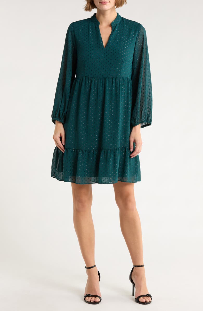 SANDRA DARREN Shimmer Swiss Dot Long Sleeve Dress, Main, color, Hunter