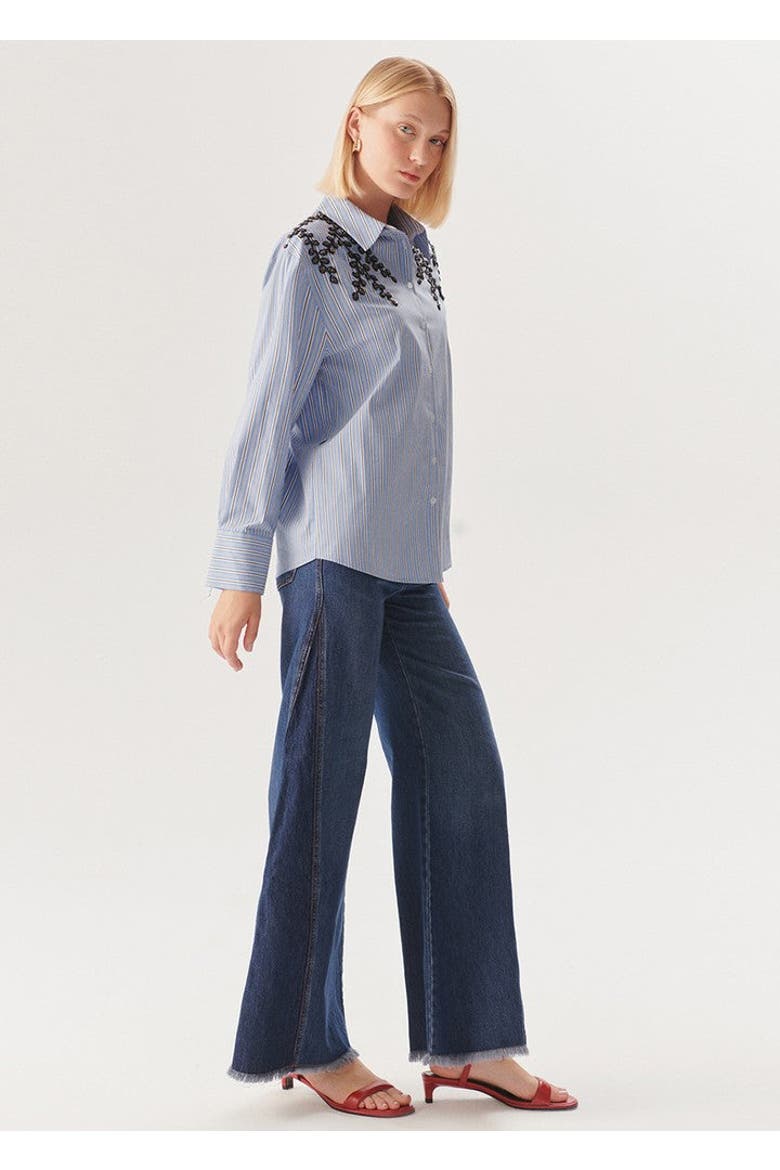 Kendall Beaded Long Sleeve Shirt, Alternate, color, Blue and White