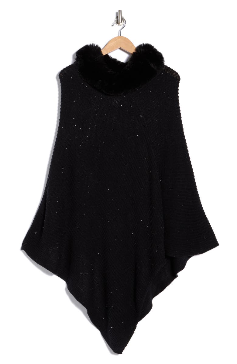 Vince Camuto Faux Fur Trim Poncho, Alternate, color, Black