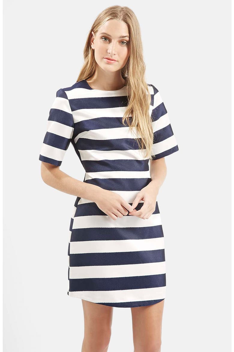 Twill & Satin Stripe Dress, Alternate, color, NAVY BLUE MULTI