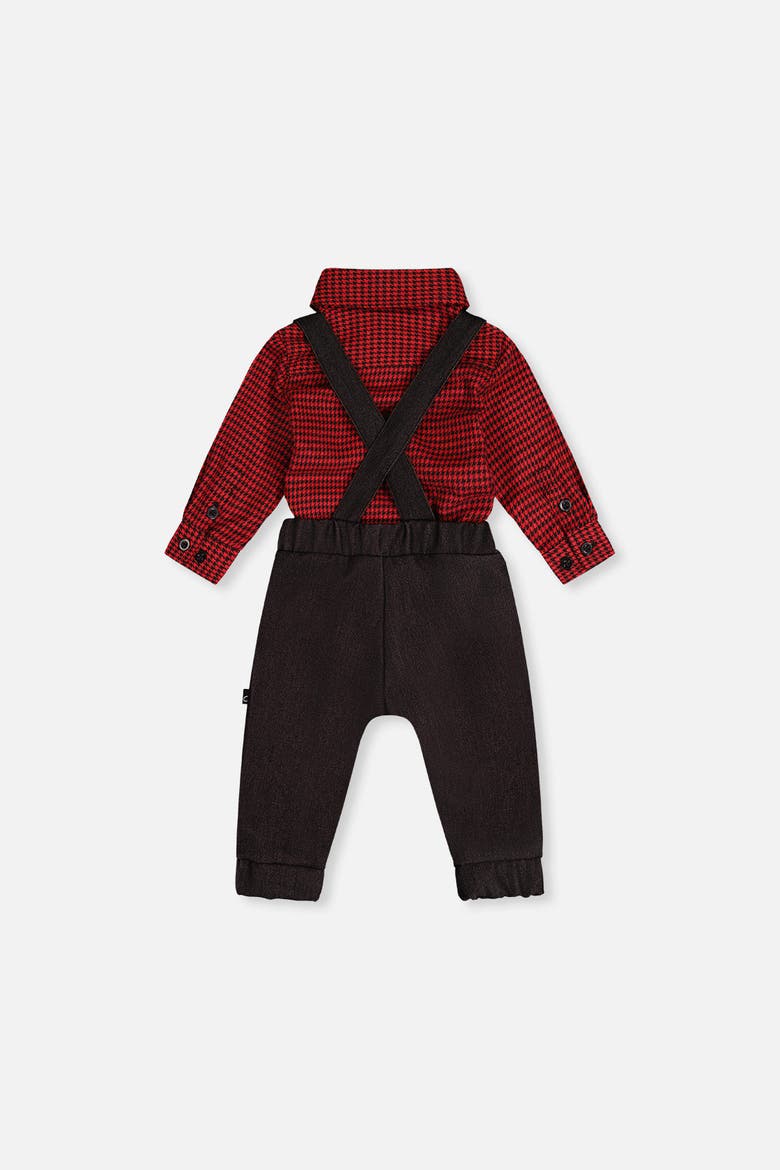 Button Front Bodysuit Suspender Pants Set, Alternate, color, Black and Red Houndstooth