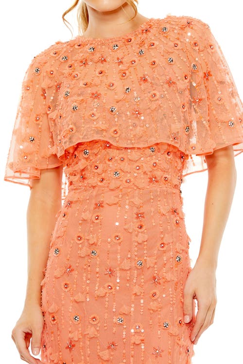 Mac Duggal Embellished Illusion Cape Sleeve Trumpet Gown In Coral