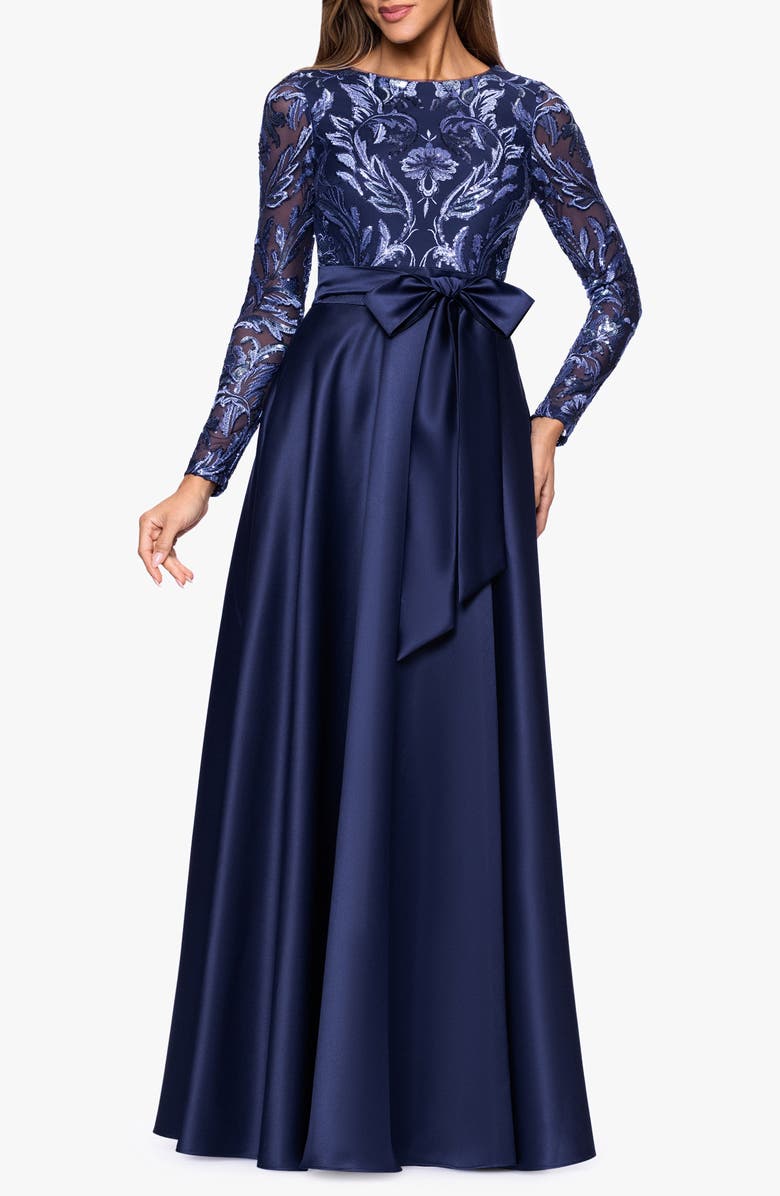 Xscape Evenings Embellished Bodice Long Sleeve Gown, Main, color, Peri/ Navy