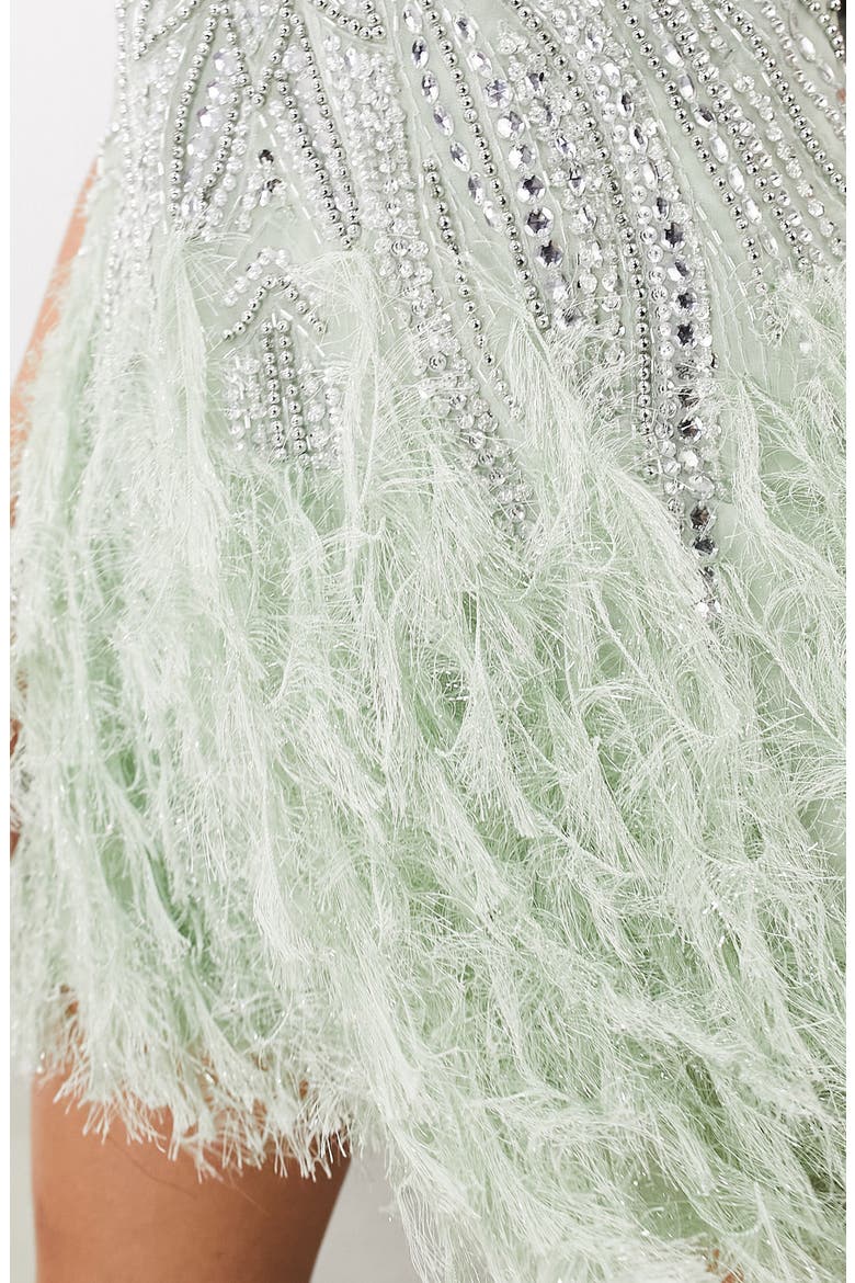 EDITION Embellished Faux Feather Trim Cocktail Dress, Alternate, color, MID GREEN