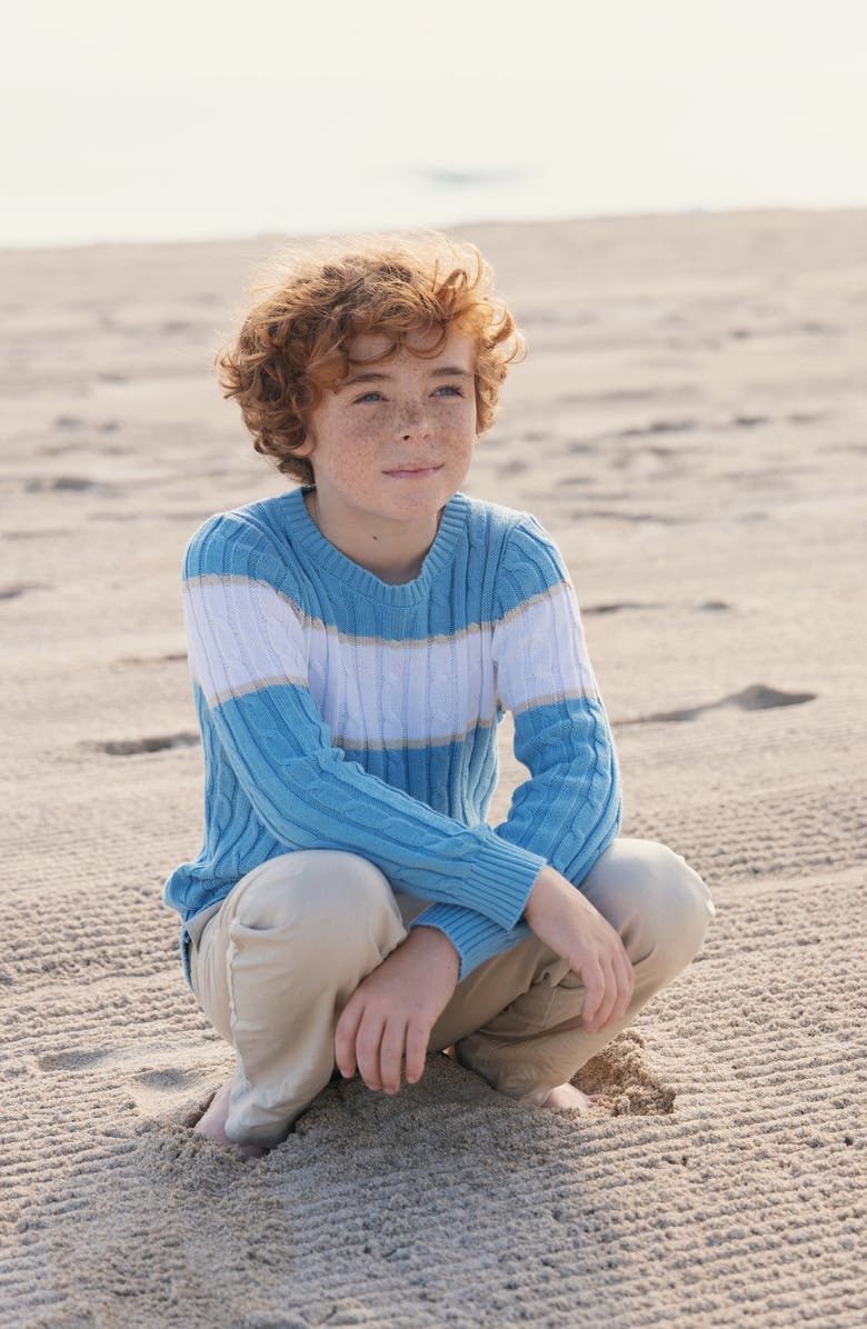 Hope & Henry Kids' Organic Cable Crewneck Pullover Sweater, Alternate, color, Bluebell Stripe