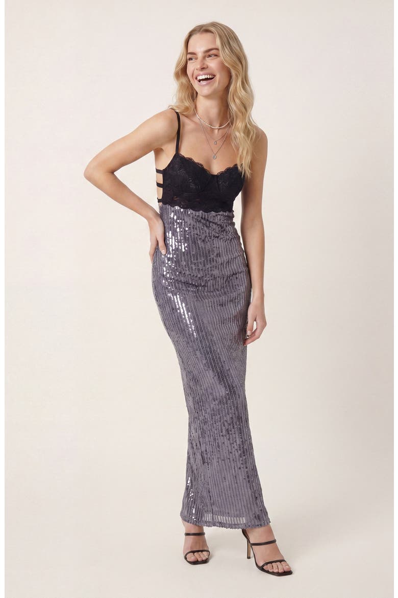 Lace Bustier Open Back Sequin Maxi Dress, Alternate, color, Silver / Black