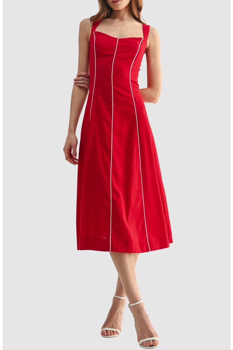 Piping Detail Sleeveless Fit & Flare Midi Dress, Main, color, RED