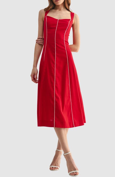 Piping Detail Sleeveless Fit & Flare Midi Dress