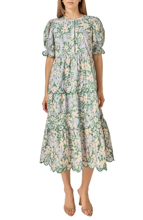 Floral Scallop Trim Tiered Midi Dress