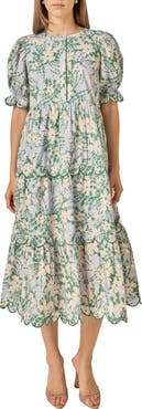 English Factory Floral Scallop Trim Tiered Midi Dress