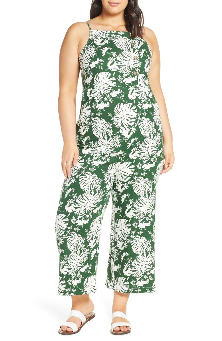 BP. Leaf Print Side Button Linen Blend Crop Jumpsuit, Main, color, 