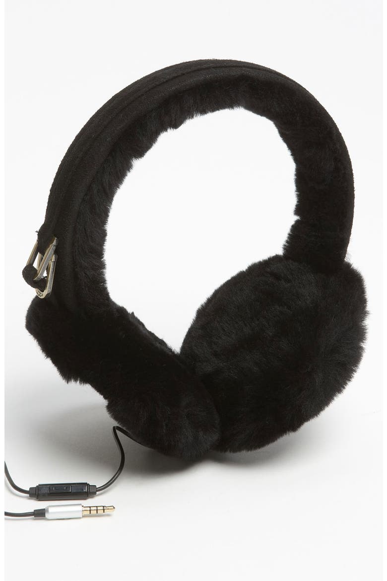 Australia Leather & Shearling Tech Earmuffs, Main, color, BLACK
