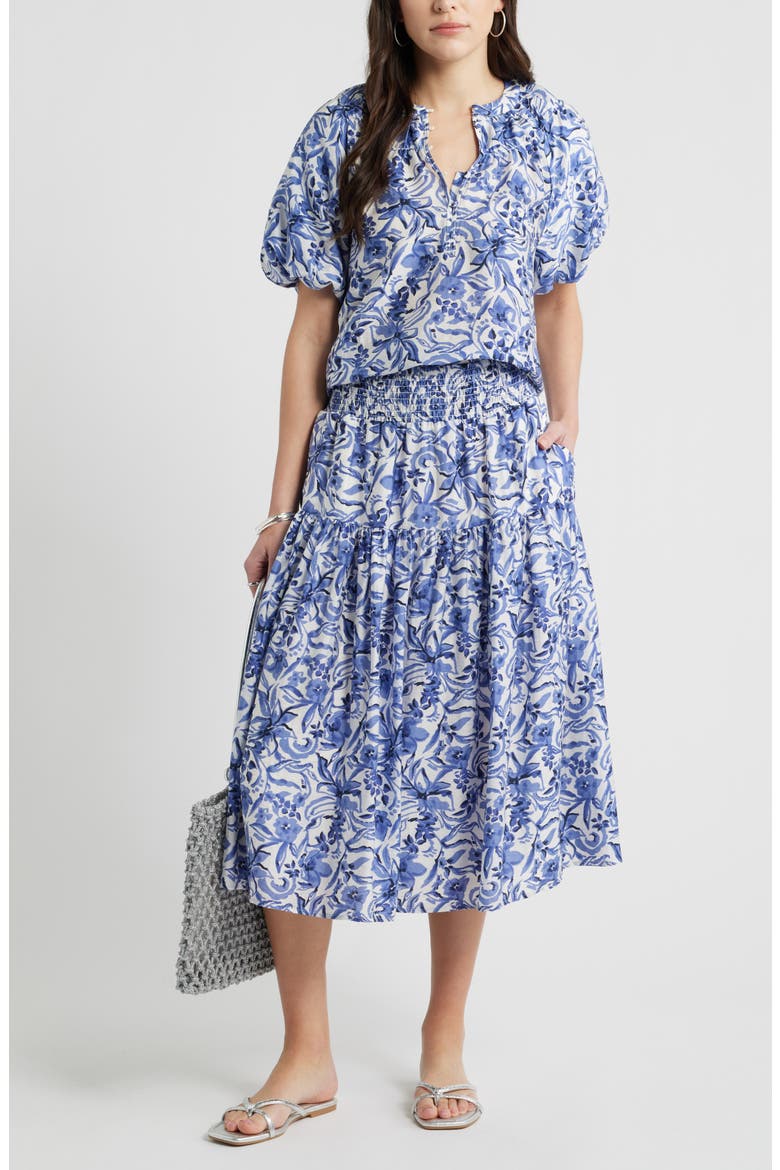 Tiered Print Midi Skirt, Alternate, color, IVORY- NAVY DAISY GARDEN