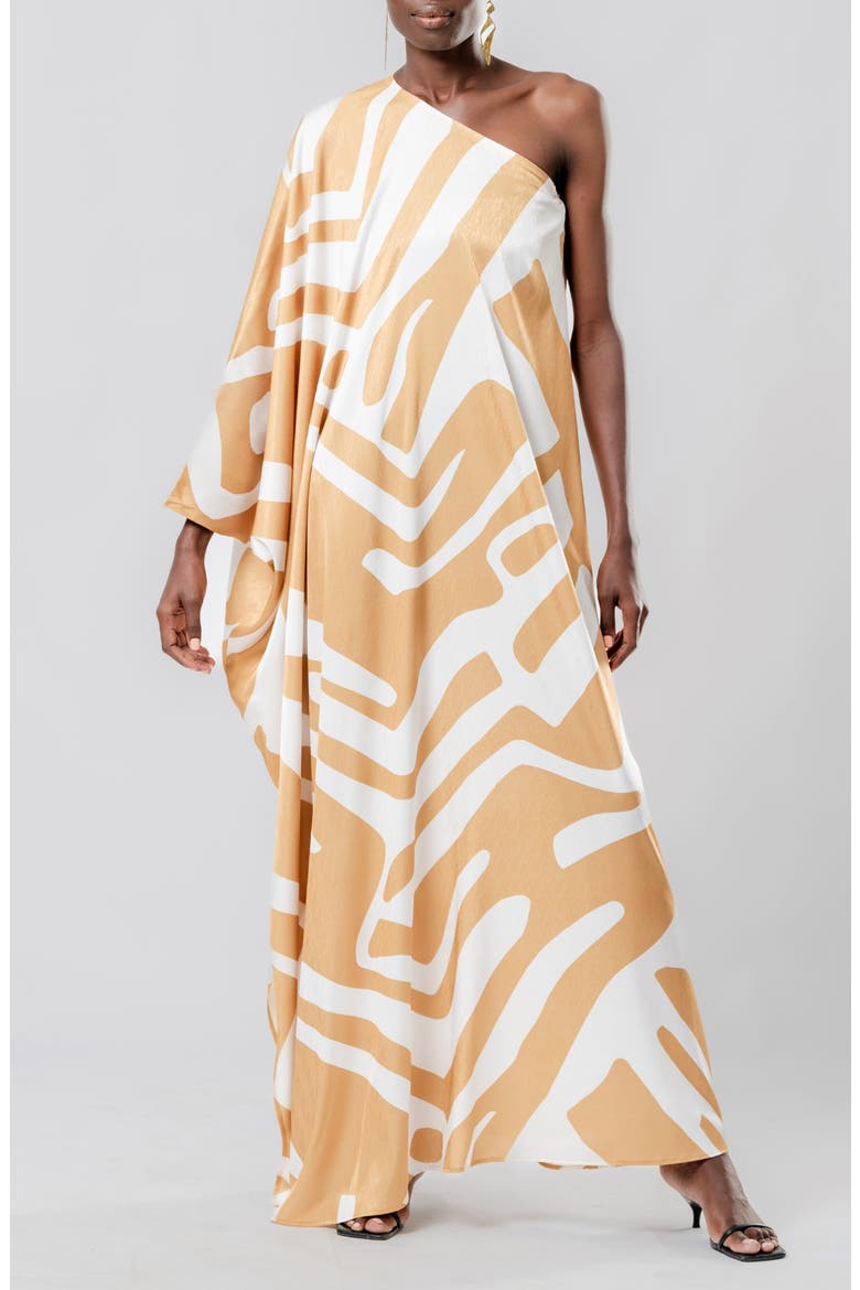 Lava Cream Satu Jacquard One-Shoulder Long Sleeve Maxi Dress, Main, color, BEIGE