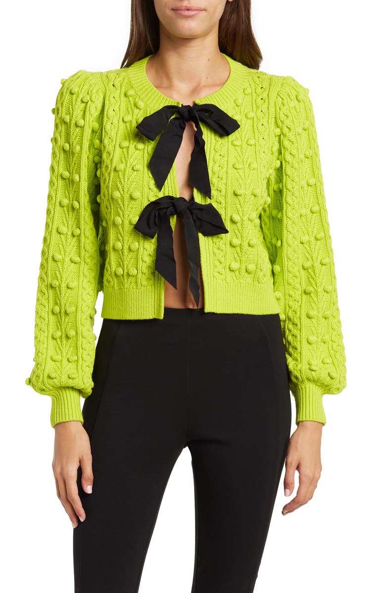 Alice + Olivia Kitty Puff Sleeve Bow Front Wool Blend Cardigan, Main, color,