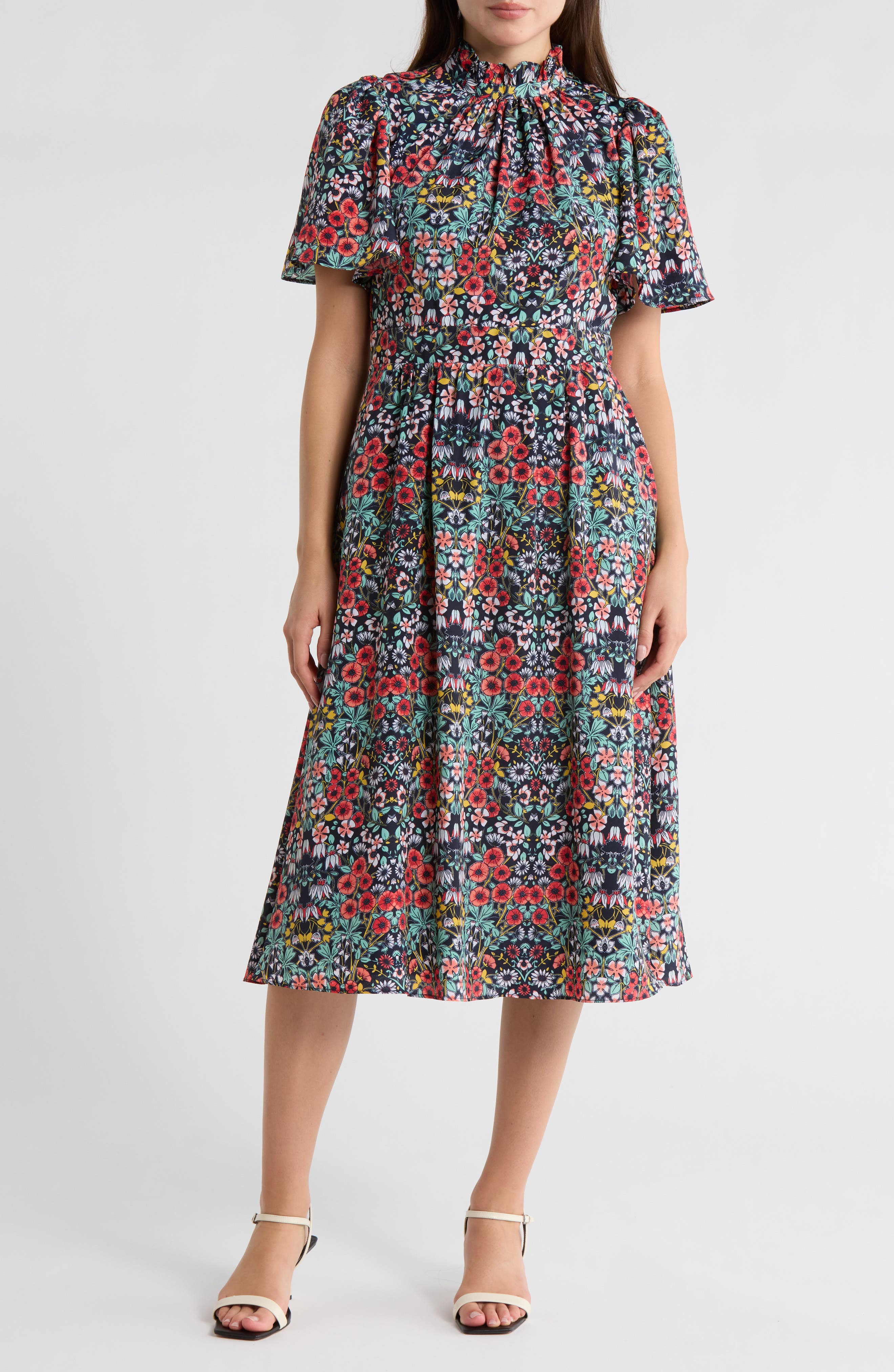 Julia Jordan Ruffle Neck Flutter Sleeve A-Line Dress