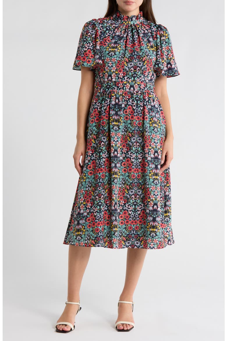 Ruffle Neck Flutter Sleeve A-Line Dress, Main, color, NAVY MULTI