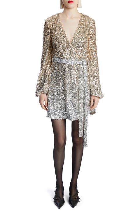 Bellissa Long Sleeve Sequin Faux Wrap Dress