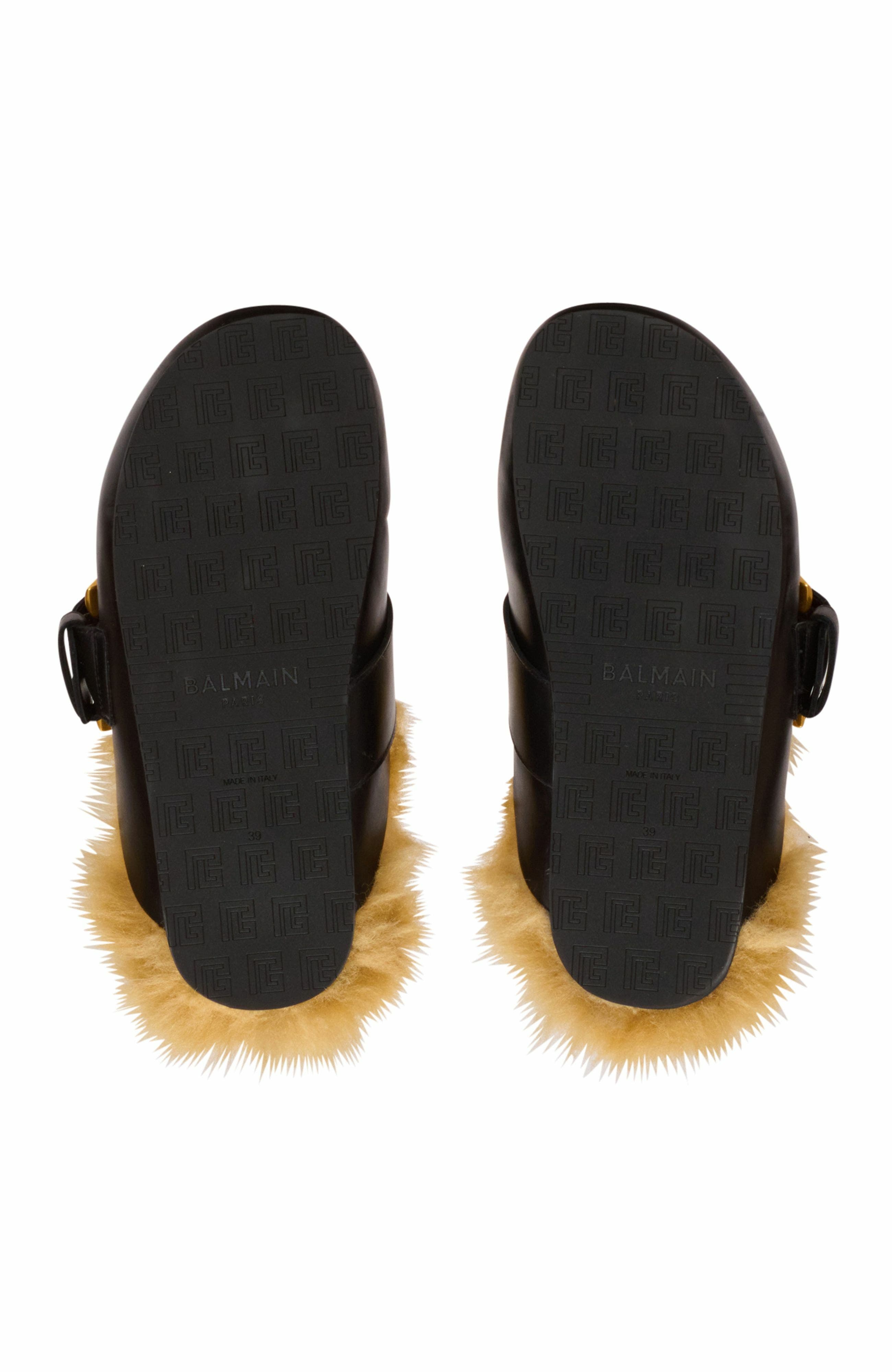 Balmain Faux Fur-Lined Mules, Alternate, color, Black