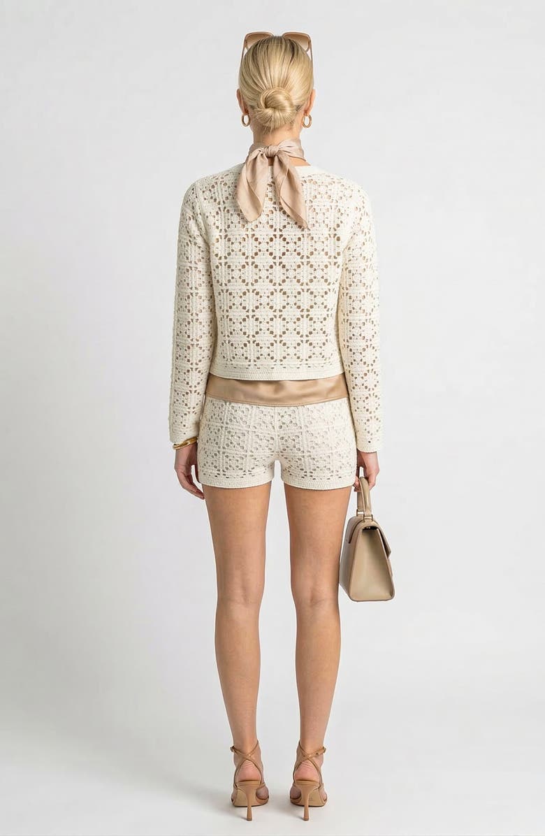 Knit & Lounge Two Piece Crochet Knit Set with Button Front Cardigan and Shorts, Alternate, color, Beige, White