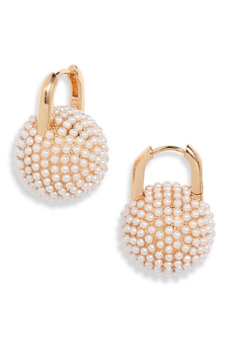 Micro Faux Pearl Pavé Orb Huggie Hoop Earrings, Main, color, WHITE- GOLD