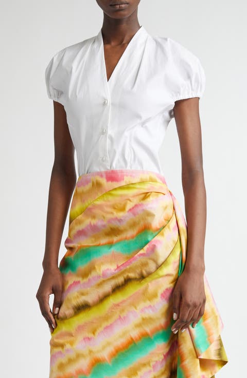 V-Neck Poplin Button-Up Shirt