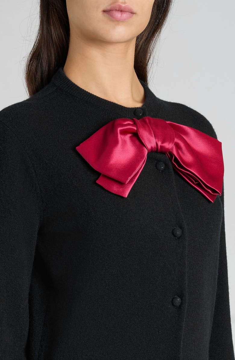 Valentino Garavani Satin Bow Virgin Wool Cardigan, Alternate, color, Black