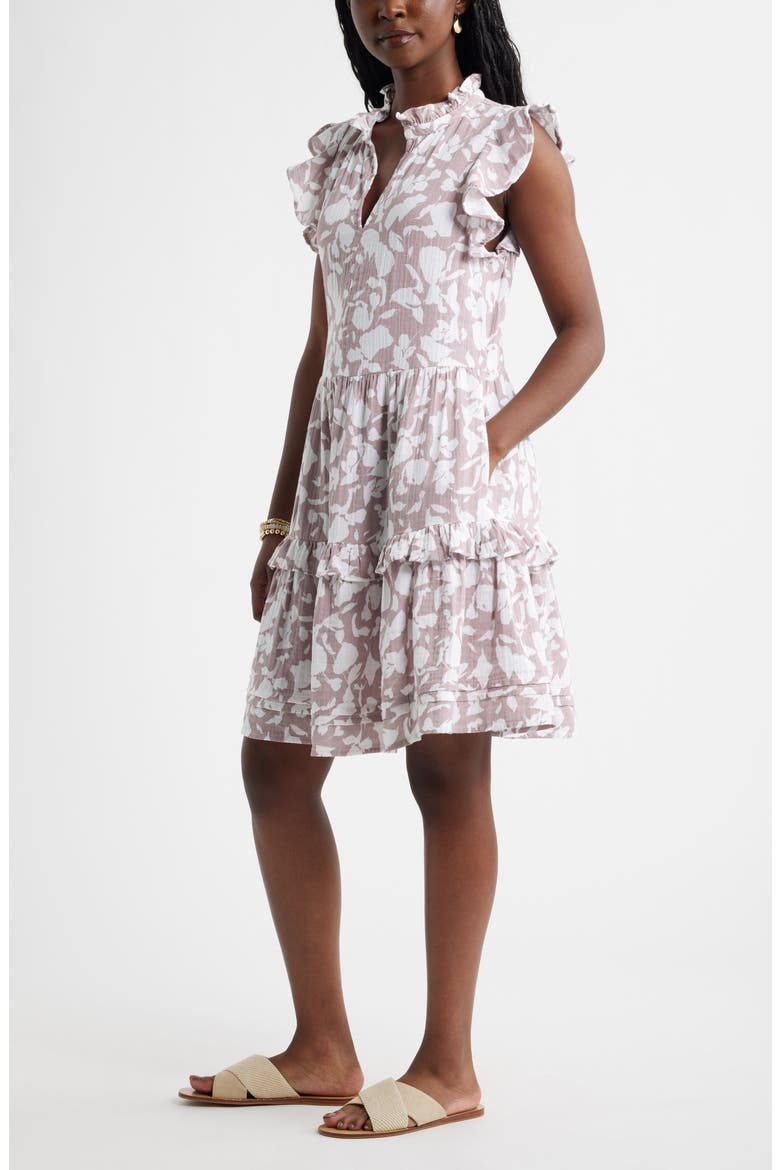 Ruffle Duo Cotton Gauze Dress, Alternate, color, PURPLE HERON SHADOWED TROPIC