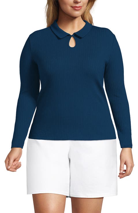 Long Sleeve Pointelle Rib Keyhole Polo Top