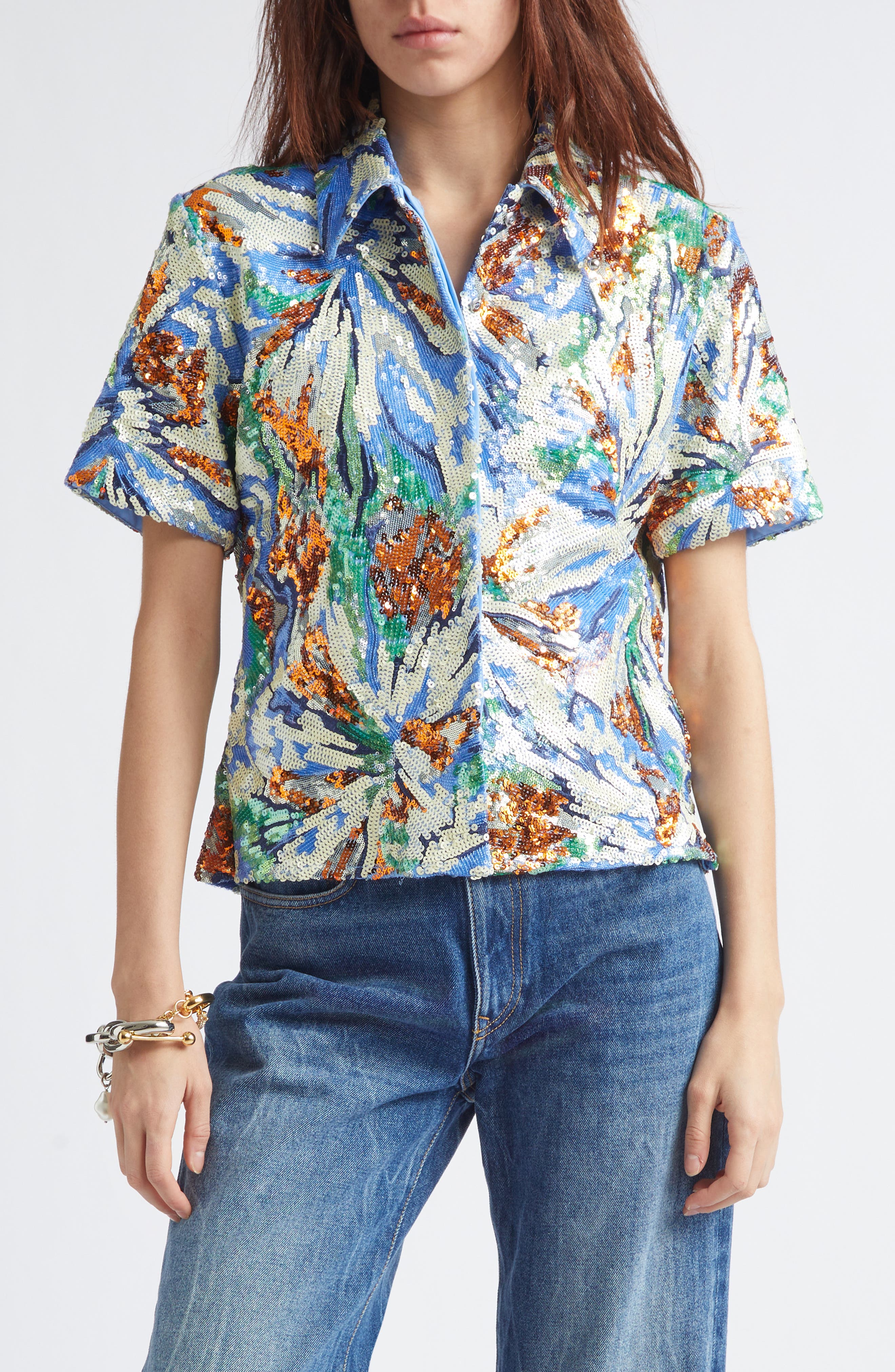 Floral Sequin Short Sleeve Shirt