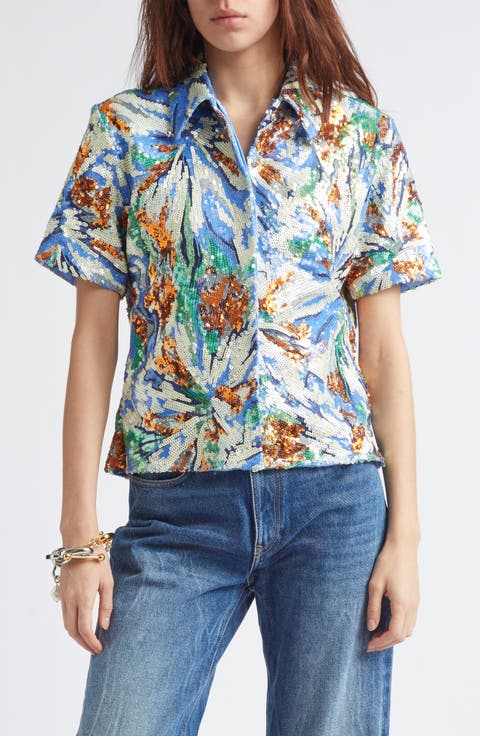 Floral Sequin Short Sleeve Shirt