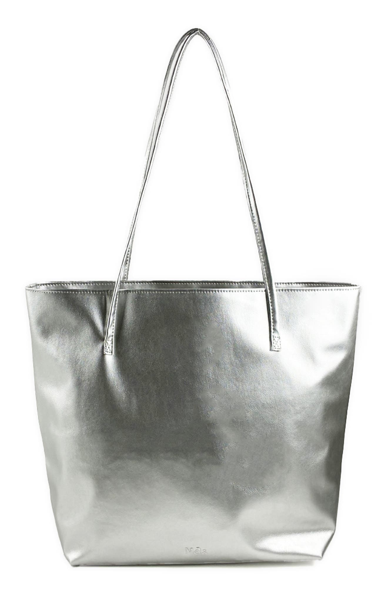 Mela Vegan Leather Tote Bag, Main, color, Silver