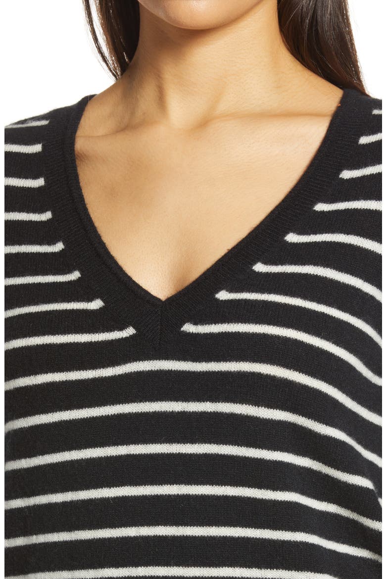 V-Neck Cashmere Sweater, Alternate, color, BLACK- IVORY STRIPE