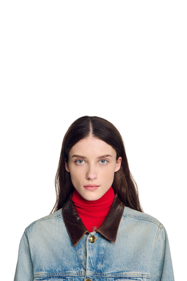 Denim jacket with leather collar, Alternate, color, Blue jean