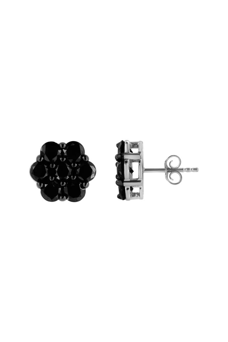 Silver 4.0 Ct Prong Round Black Diamond Floral Cluster Stud Earring, Alternate, color, Black Diamond | White