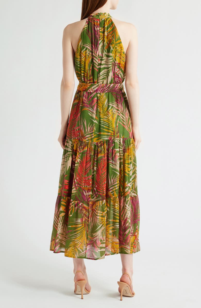 Anne Klein Patio Leaf Print Halter Neck Tiered Midi Dress, Alternate, color, 