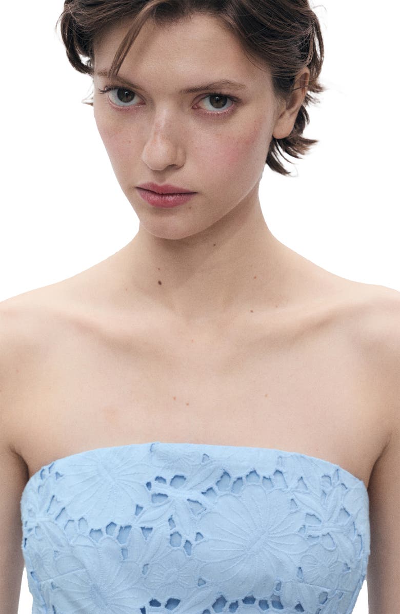 MANGO Sky Embroidered Strapless Cotton Sundress, Alternate, color, Blue