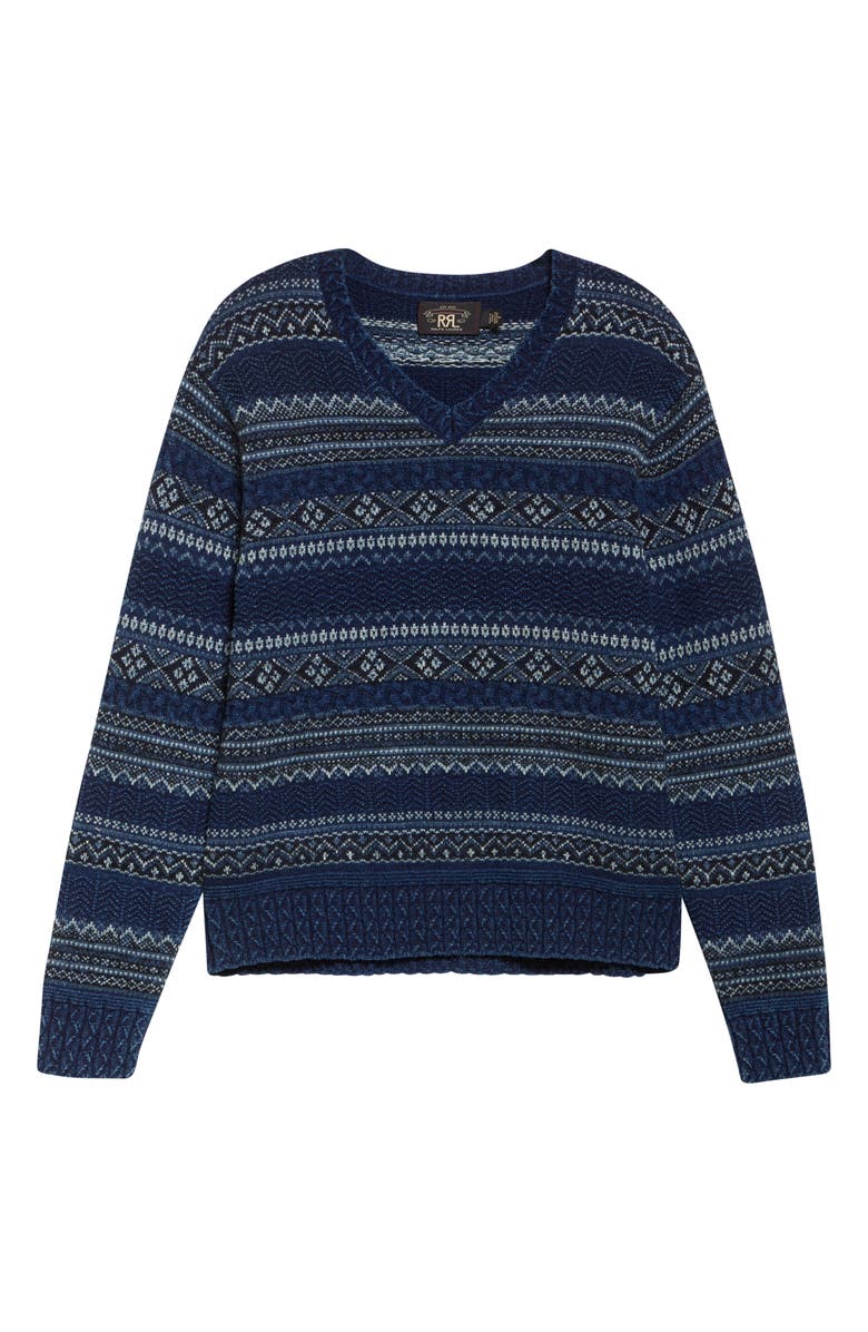 Double RL Indigo Stripe Cotton & Linen V-Neck Sweater, Alternate, color, Indigo Multi
