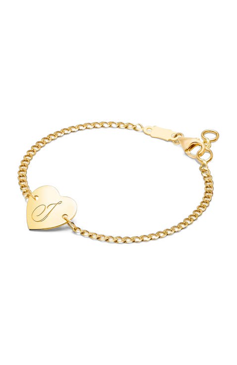 14K Gold Heart of Gold ID & Engraved Initial 6" Bracelet