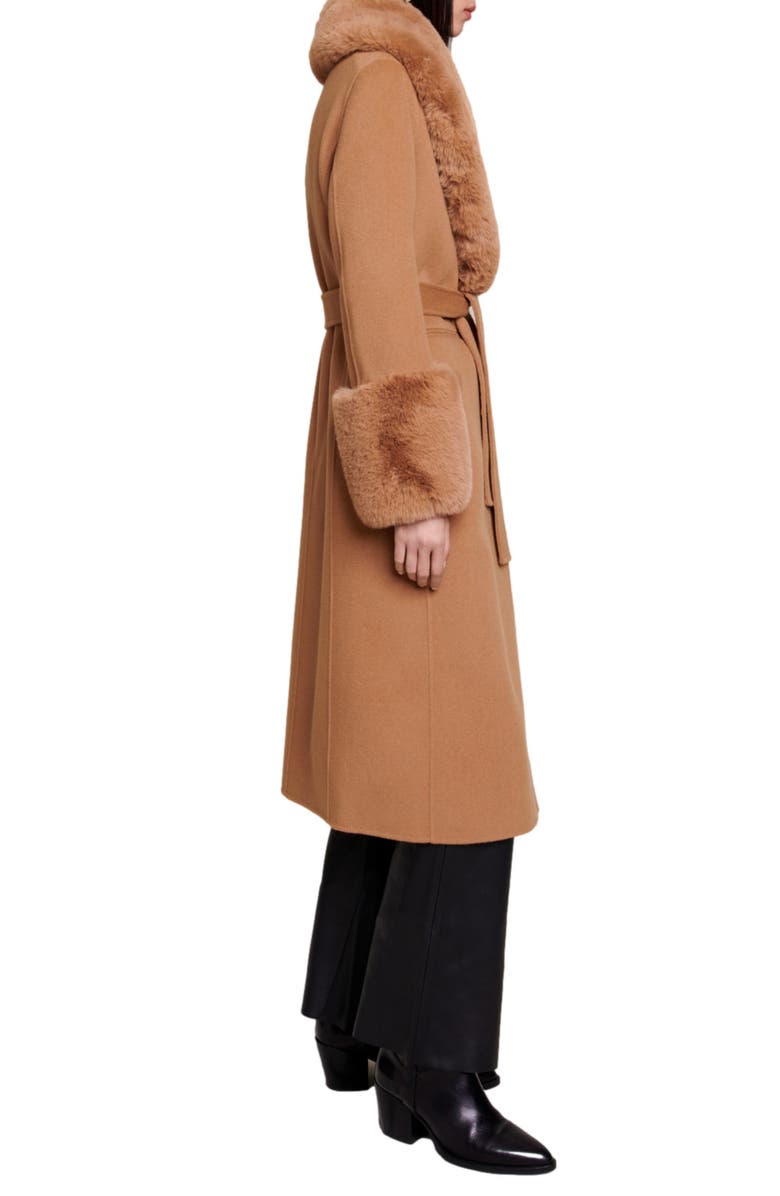 maje Wool Blend Belted Coat with Faux Fur Trim, Alternate, color, 