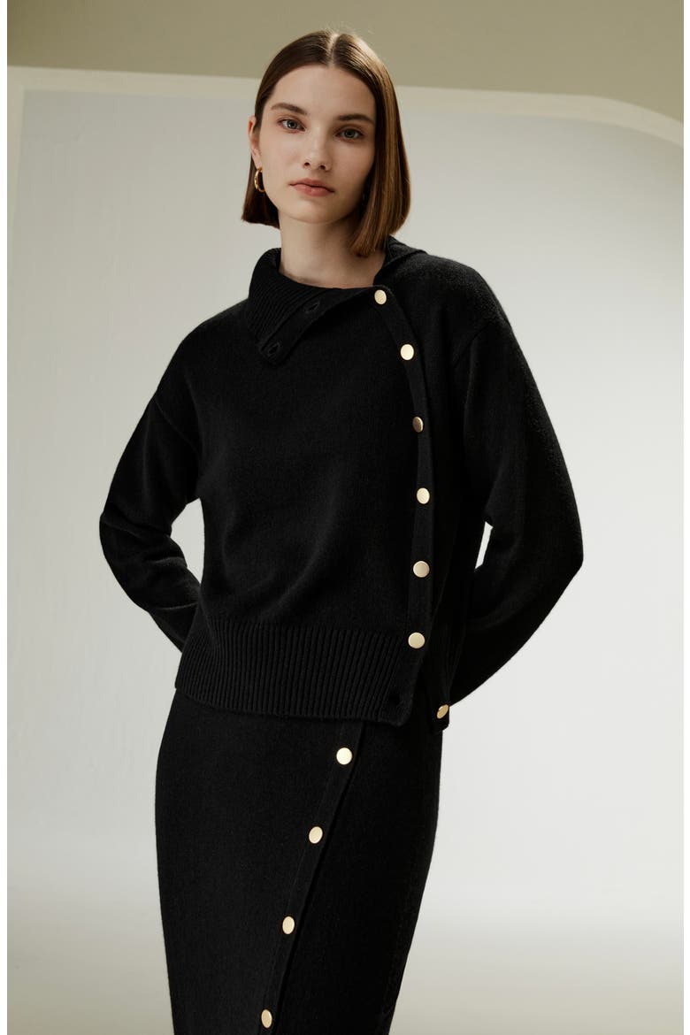 Women's Cashmere Sweater With Row of Side Buttons, Alternate, color, Black
