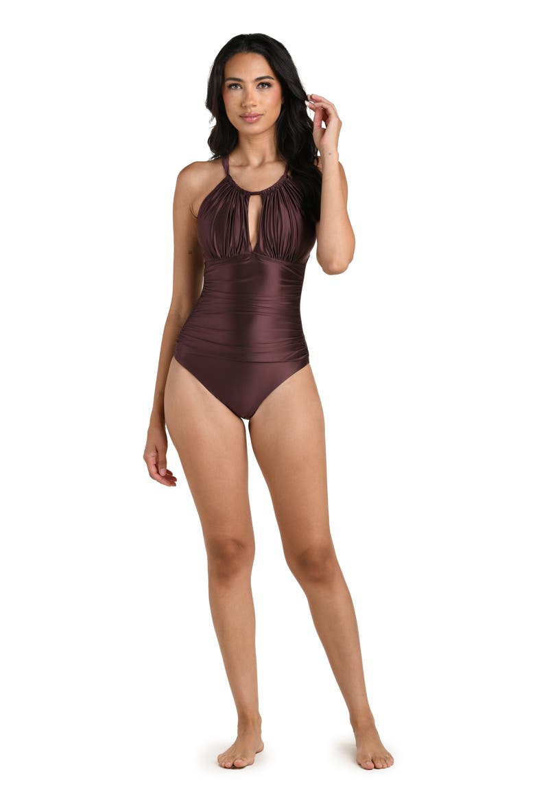 Earth High Neck One-Piece Swimsuit, Alternate, color, TRUFFLE