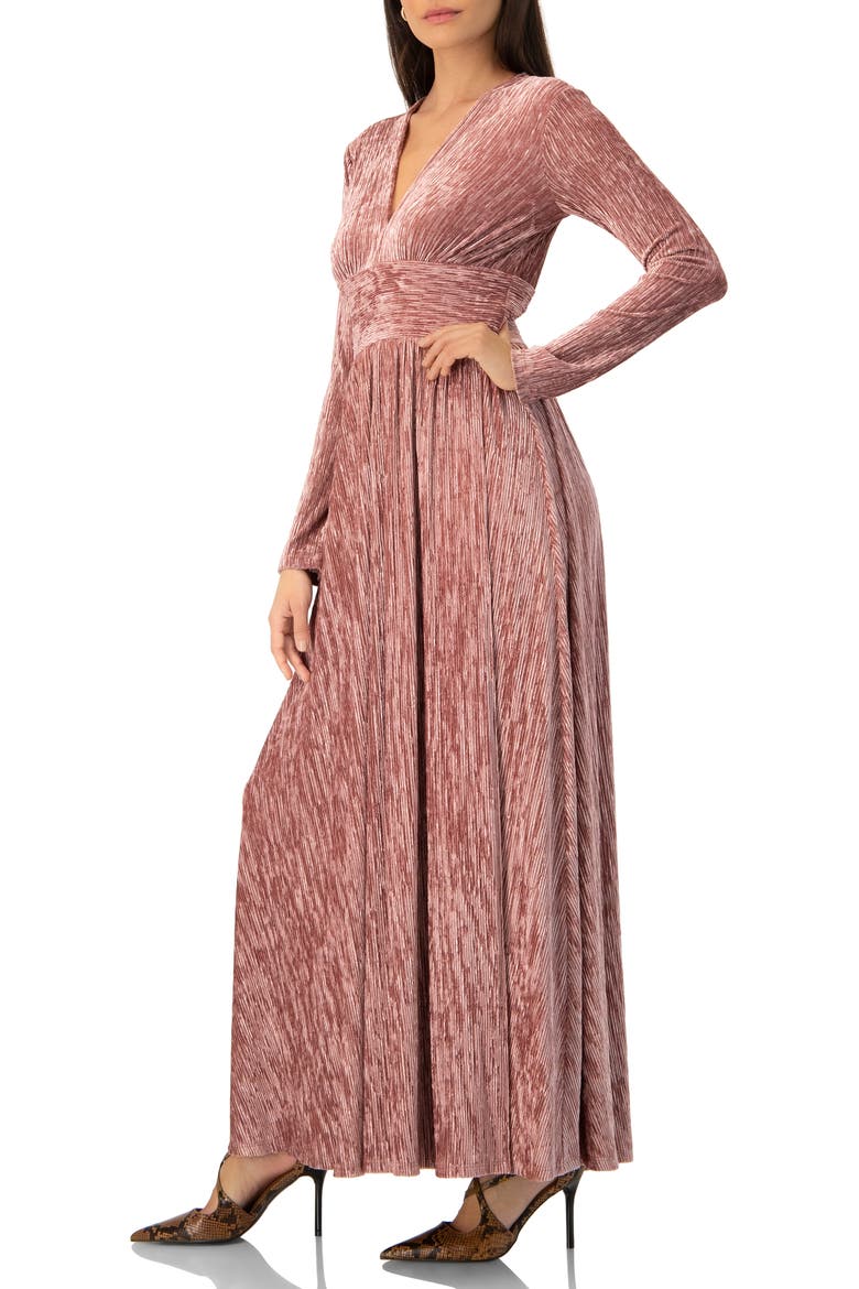 Long Velvet Pleated V-Neck Dress, Alternate, color, Dark Pink